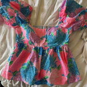 Lilly Pulitzer Kay Babydoll Pink Floral Puff-Sleeve Top with Blue Accents